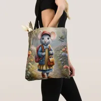 Cute mouse girl on her way to school,personalized  tote bag