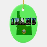 Idaho Map, Seal and Picture Text Ceramic Ornament