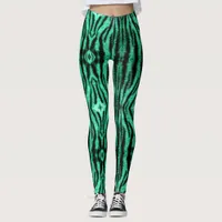 Green neon tiger stripes - pattern leggings