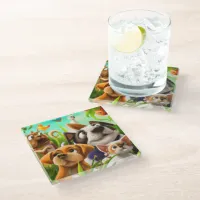 Whimsical Dogs Playing in the Grass Glass Coaster