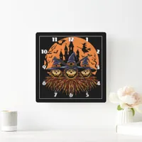 Spooky Halloween scarecrow trio at twilight Square Wall Clock