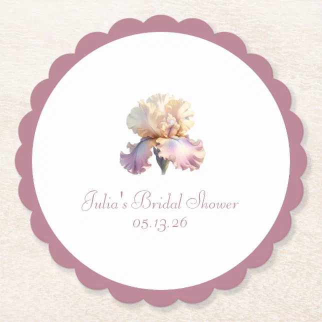 Mauve Scalloped Border, Blush Flower Bridal Shower Paper Coaster