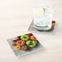 Colorful Striped Tomatoes on Weathered Table Glass Coaster