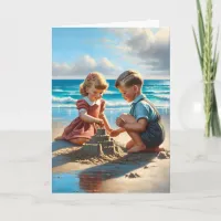 Children Building a Sandcastle on the Beach  Card