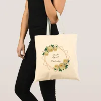 Bride Squad Yellow Floral Elegant Gold Glitter Geo Tote Bag