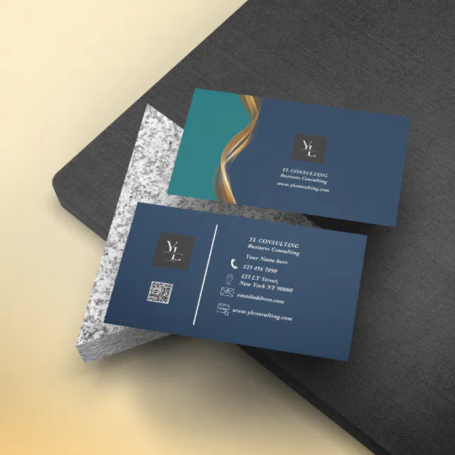 Elegant Gold Wave Blue Teal Logo QR code Business Card