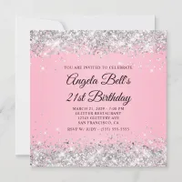 Sparkly Silver Glitter Pink 21st Birthday Invitation