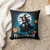 A whimsical witch flying under a full moon throw pillow