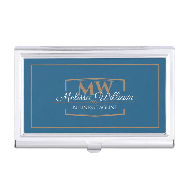 Simple Blue White Monogram Business Card Case