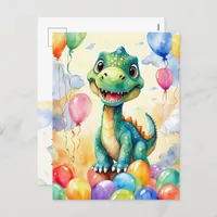 Cute little dinosaur with lots of colorful balloon postcard