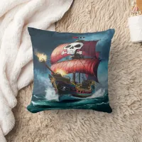 Pirate Ship Sailing Through Stormy Seas at Dusk Throw Pillow