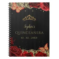 Red  Roses Black Gold Lace Quincea&#241;era Guestbook Notebook