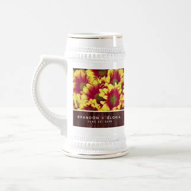 Rustic Autumn Sunflowers on Fence Wedding Beer Stein