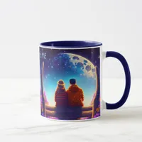 Friends or lovers on a bench in the moonlight, mug