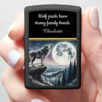 Wolf howling at a full moon in a serene forest zippo lighter