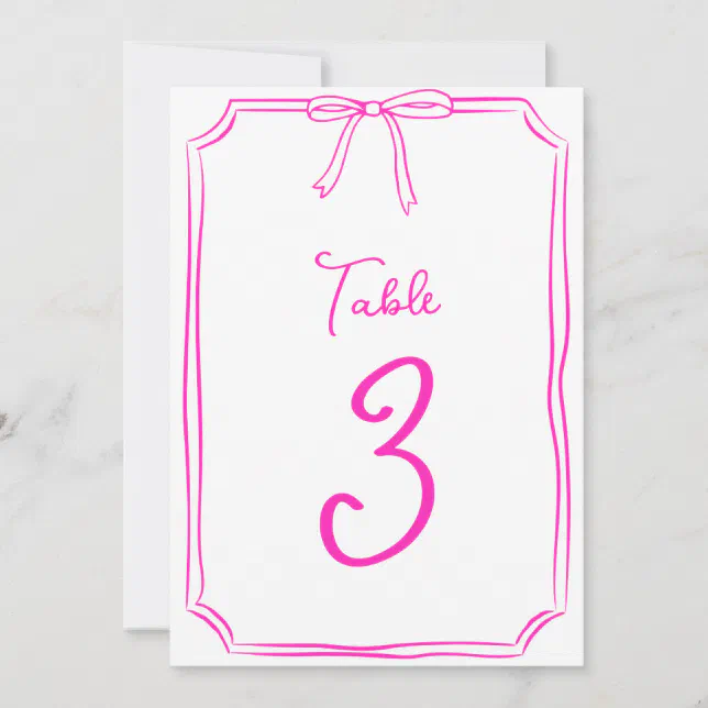 Hand Drawn Bow Coquette Hot Pink Table Number 