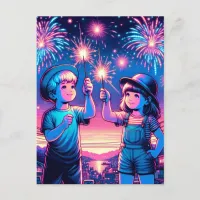 Children Holding up Fireworks on July 4th Postcard