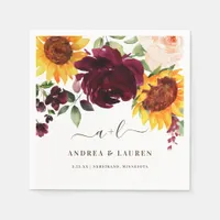 Fall Wedding Sunflower Roses Burgundy Red Names Napkins