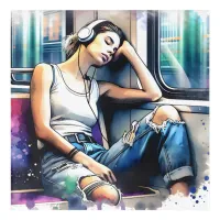 Woman Sleeping on the Subway Listening to Music Acrylic Print