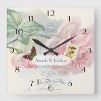 Paris Wedding Vintage Shabby-Chic Pink Rose Custom Square Wall Clock