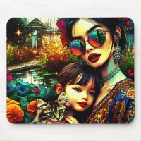 Colorful Art Mom and Daughter Asian Flower Garden Mouse Pad
