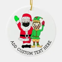 Santa and Elves in Facemasks Custom Text Ceramic Ornament