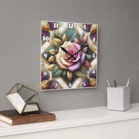 Elegant Pink Rose Surrounded by Colorful Leaves Square Wall Clock