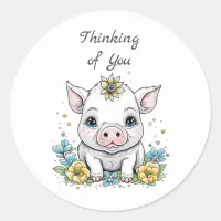 Thinking of You! Cute Pig with Flower on her Head Classic Round Sticker