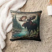 Moose Standing by a Stream in a Forest Setting Throw Pillow