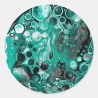 Teal and Black Bubbles Digital Fluid Art Cells    Classic Round Sticker