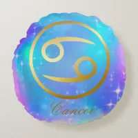 Zodiac Sign Cancer Gold on Colorful Background | Round Pillow