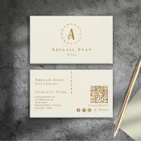 Elegant Ivory White Glitter Creamy Gold Monogram Business Card