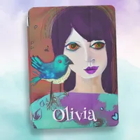 Abstract Girl & Bird Purple and Teal Personalized iPad Air Cover