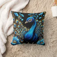 Vibrant Peacock Displaying Feathers Among Flowers Throw Pillow