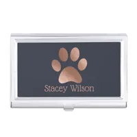 Elegant Paw Print Logo In Navy And Rose Gold Business Card Case