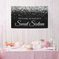 Silver Glitter on Black Sweet Sixteen Banner