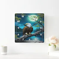 Eagle Perched on Branch Under Full Moon Square Wall Clock