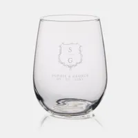 Elegant Monogram Crest Wedding Stemless Wine Glass