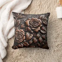 Intricate Wood Carving of Roses on Brown Panel Throw Pillow