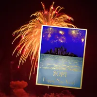 New year’s golden fireworks over the city  foil holiday postcard