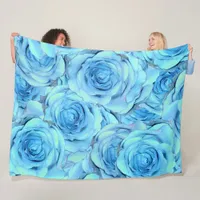 Opulent rose design in turquoise fleece blanket