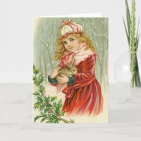 Girl and Rabbit Vintage Christmas Holiday Card