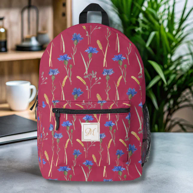 Red Floral Wildflower Monogram Printed Backpack