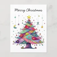 Whimsical Christmas Tree, Folk Art Style Holiday Postcard