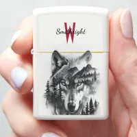 Wolf amid mountains and forest zippo lighter