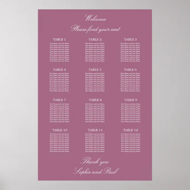 Mauve 12 Table Wedding Seating Chart Poster