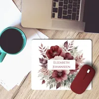 Burgundy Red Floral Watercolor Modern Pretty Name  Mouse Pad