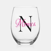 Personalized Hot Pink and Black Monogram Stemless Wine Glass