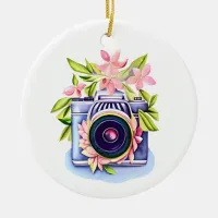 Vintage Camera Floral Personalized Ceramic Ornament