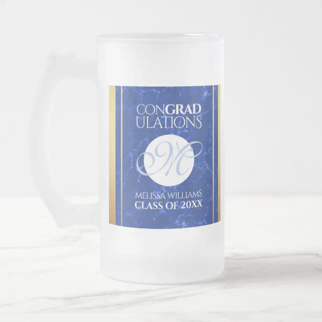 Elegant Graduation Monogram Blue Marble Gold Foil Frosted Glass Beer Mug